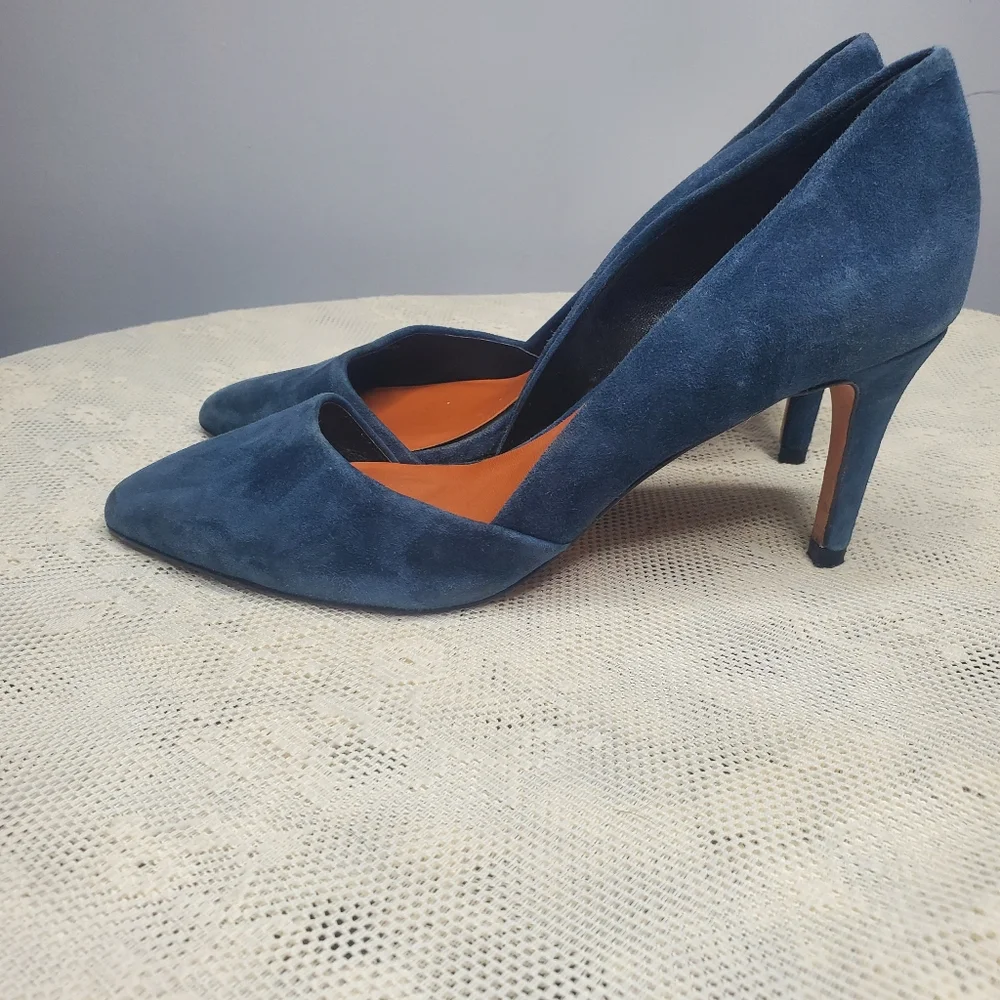Rebecca Minkoff Brie D'orsay Blue Suede Heels pumps point toe size 6‎